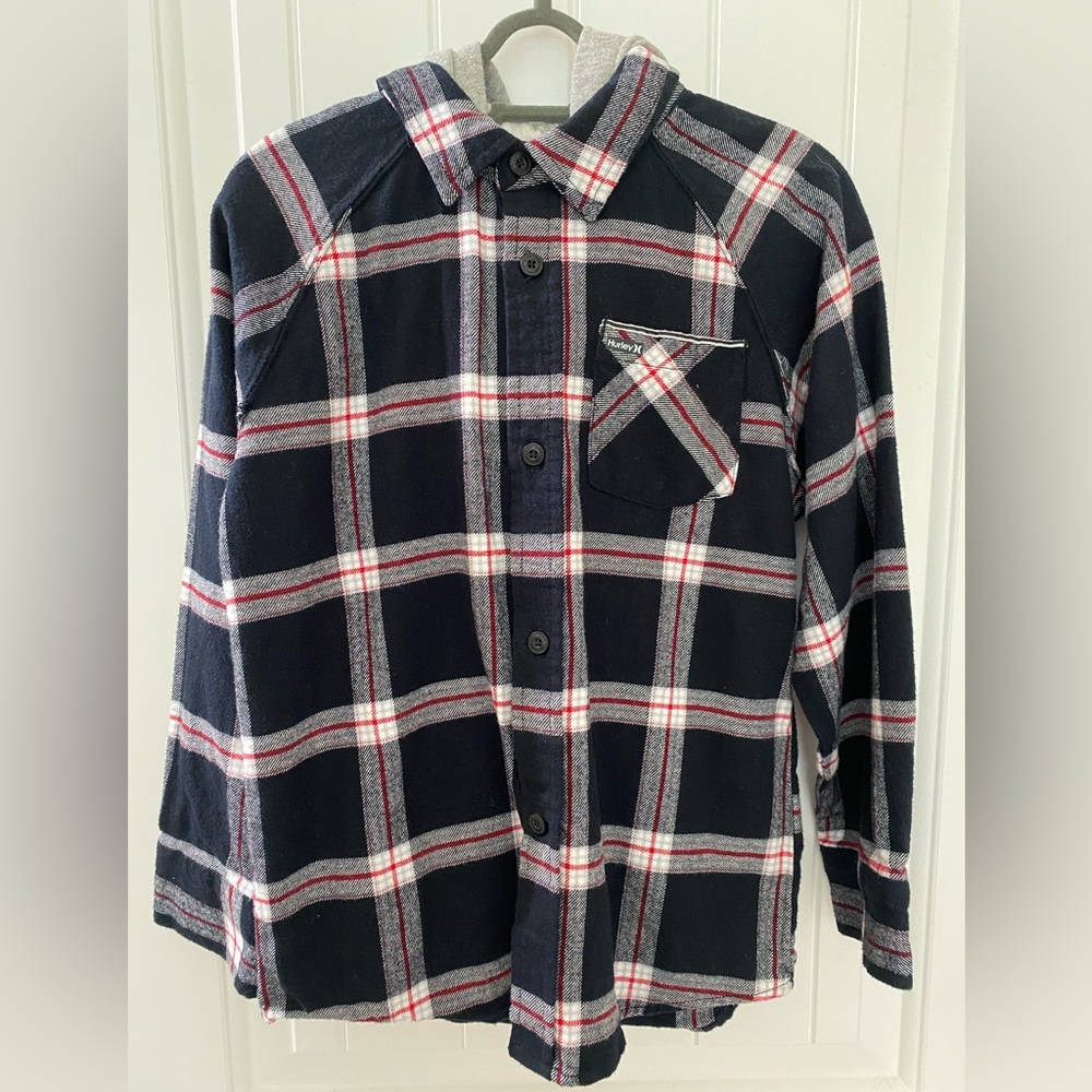 Hurley Kids Black and Red Plaid Button Down Shirt with Hood